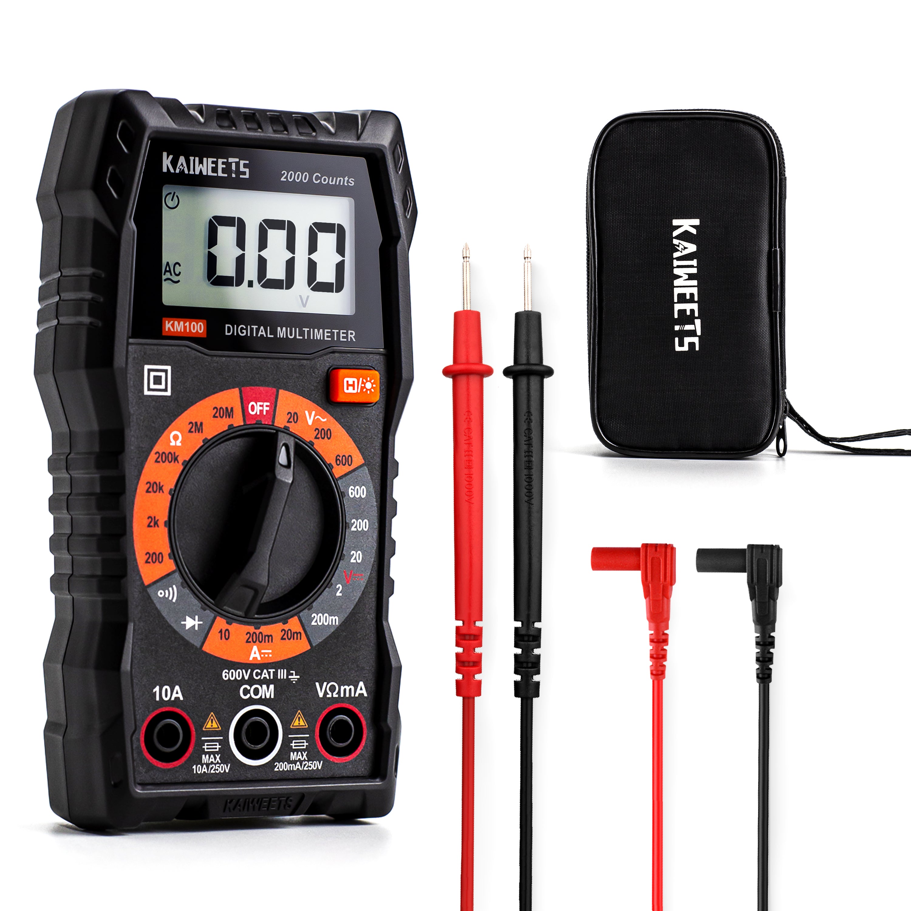KAIWEETS Digital Multimeter with Case, DC AC Voltmeter, Ohm Volt Amp Test Meter and Continuity Test Diode Voltage Tester for Household Outlet, Automotive Battery Test Anti-Burn with Double Fuses