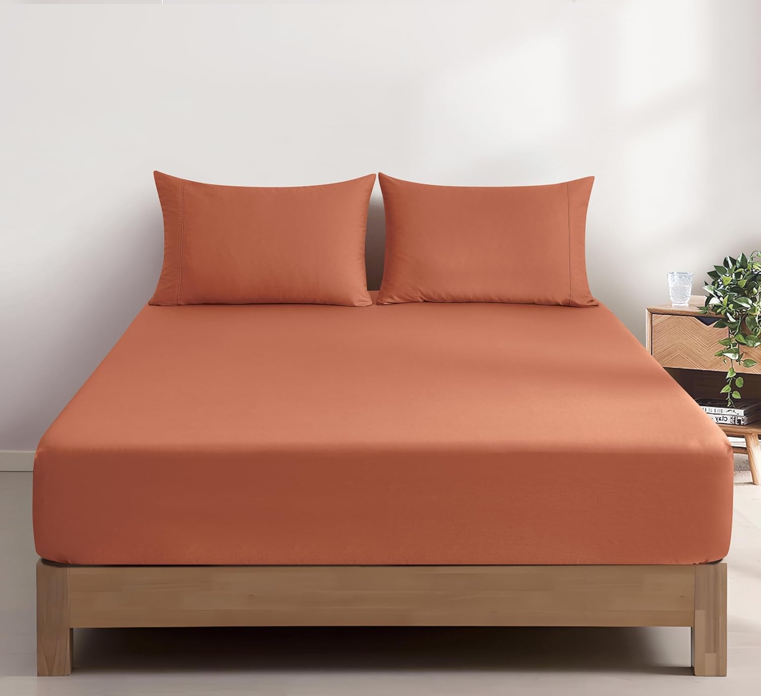 100% Vintage Washed Cotton Fitted Sheet Combo Set – 100% Natural Cotton, Ultra Soft & Breathable – Includes Fitted Sheet & Pillowcases – Machine Washable Brick, Single