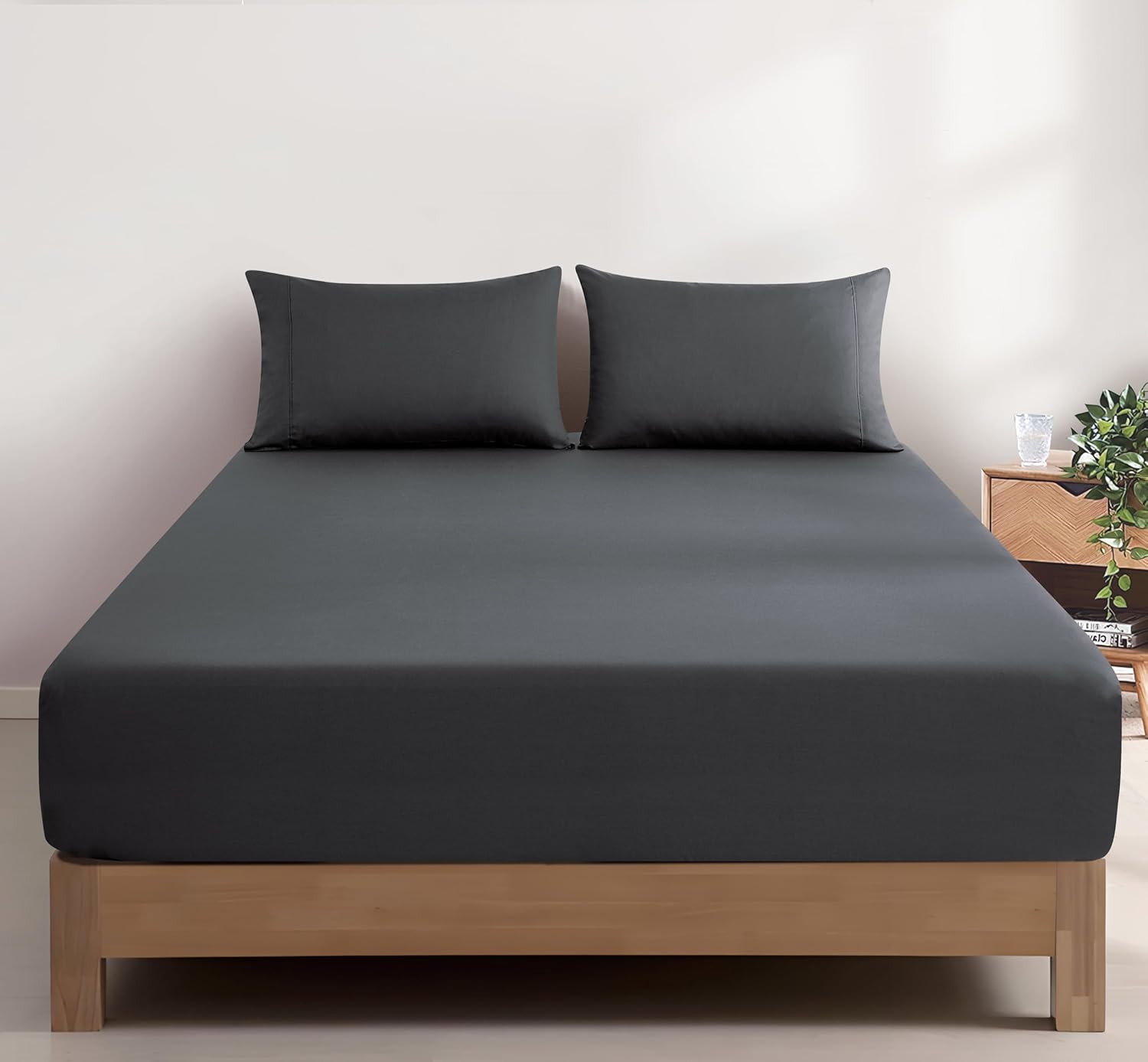 100% Vintage Washed Cotton Fitted Sheet Combo Set – 100% Natural Cotton, Ultra Soft & Breathable – Includes Fitted Sheet & Pillowcases – Machine Washable Charcoal, Single