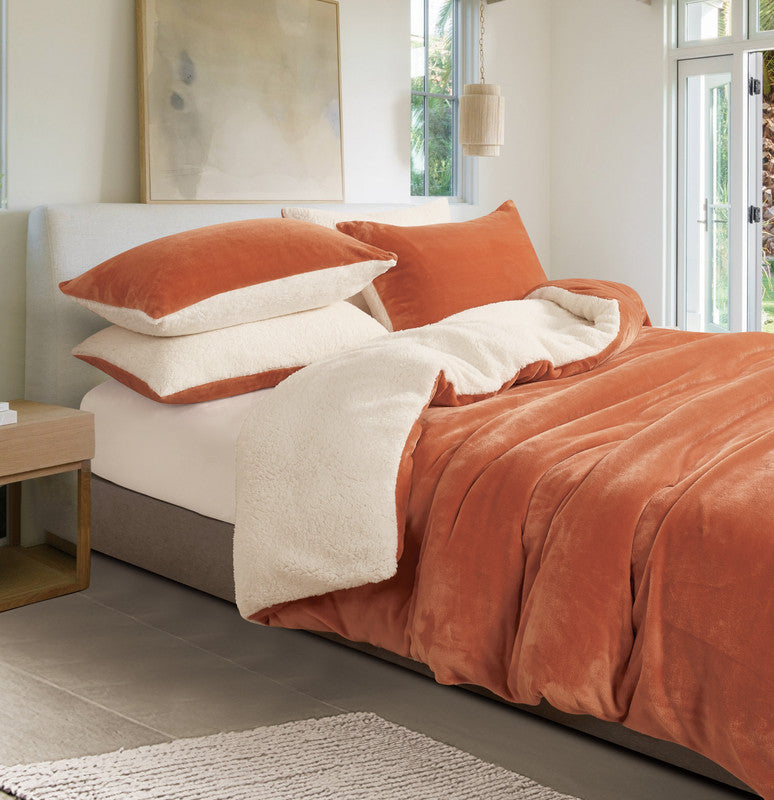 2-in-1 Teddy Sherpa Quilt Cover Set Single Size - Terracotta