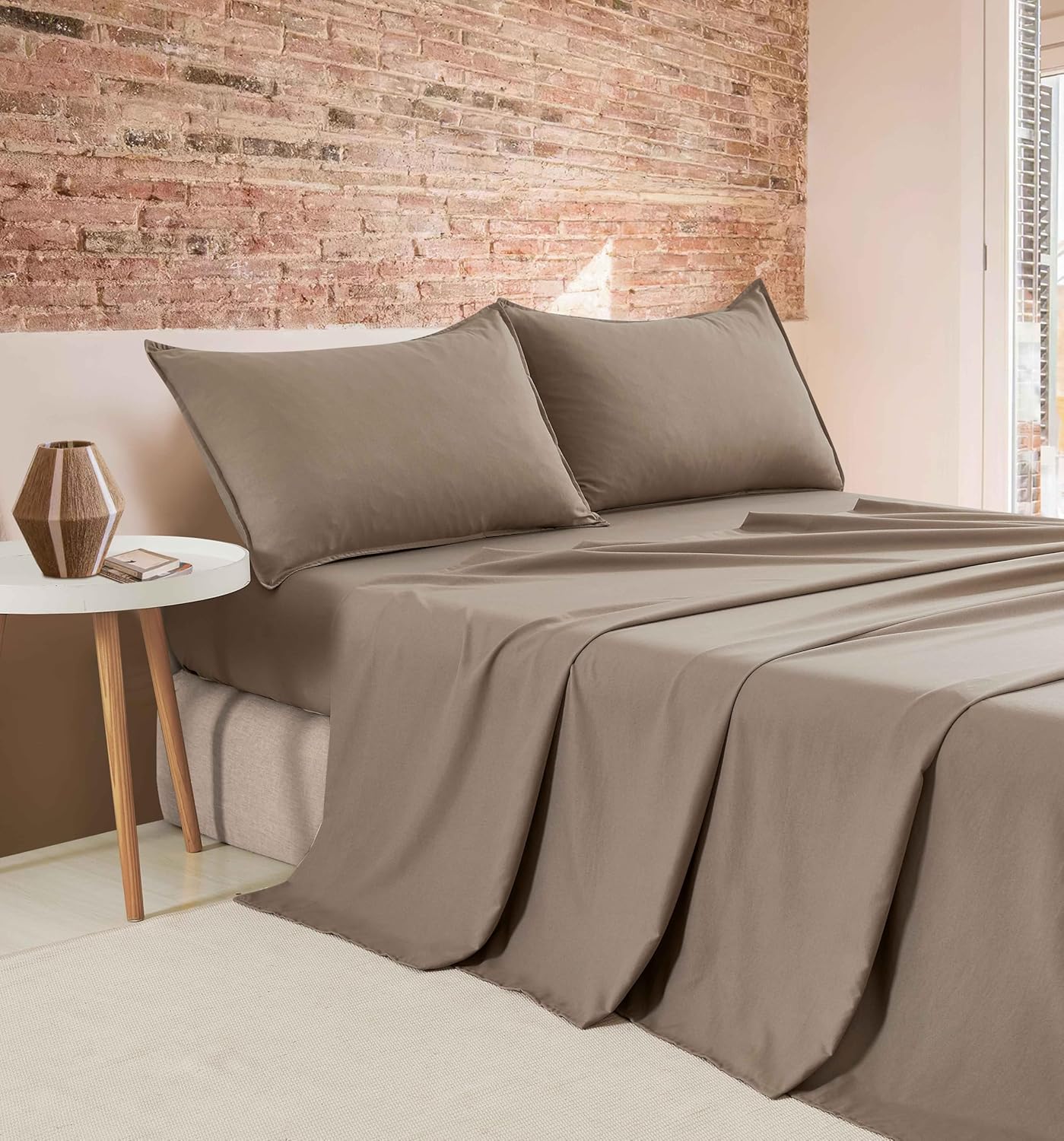 Vintage Washed Microfibre Sheet Set Truffle, Single