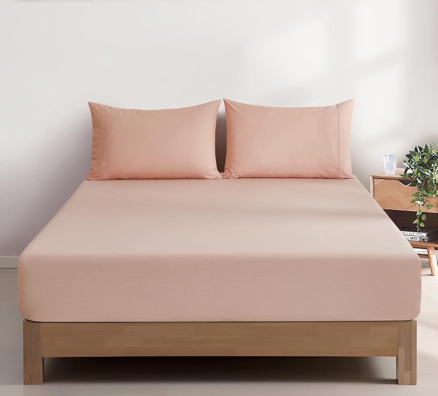 100% Vintage Washed Cotton Fitted Sheet Combo Set – 100% Natural Cotton, Ultra Soft & Breathable – Includes Fitted Sheet & Pillowcases – Machine Washable Pink, Double