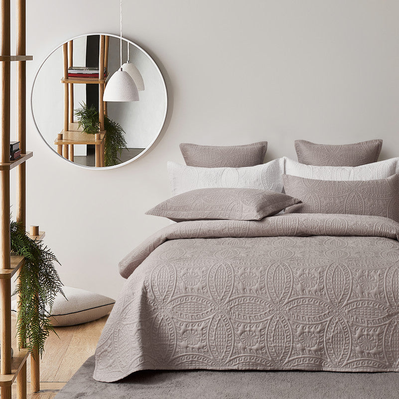 Lisbon Quilted 3-Piece Embossed Coverlet Set Beige, Double/Queen