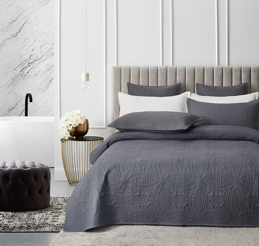 Lisbon Quilted 3-Piece Embossed Coverlet Set Charcoal, Double/Queen