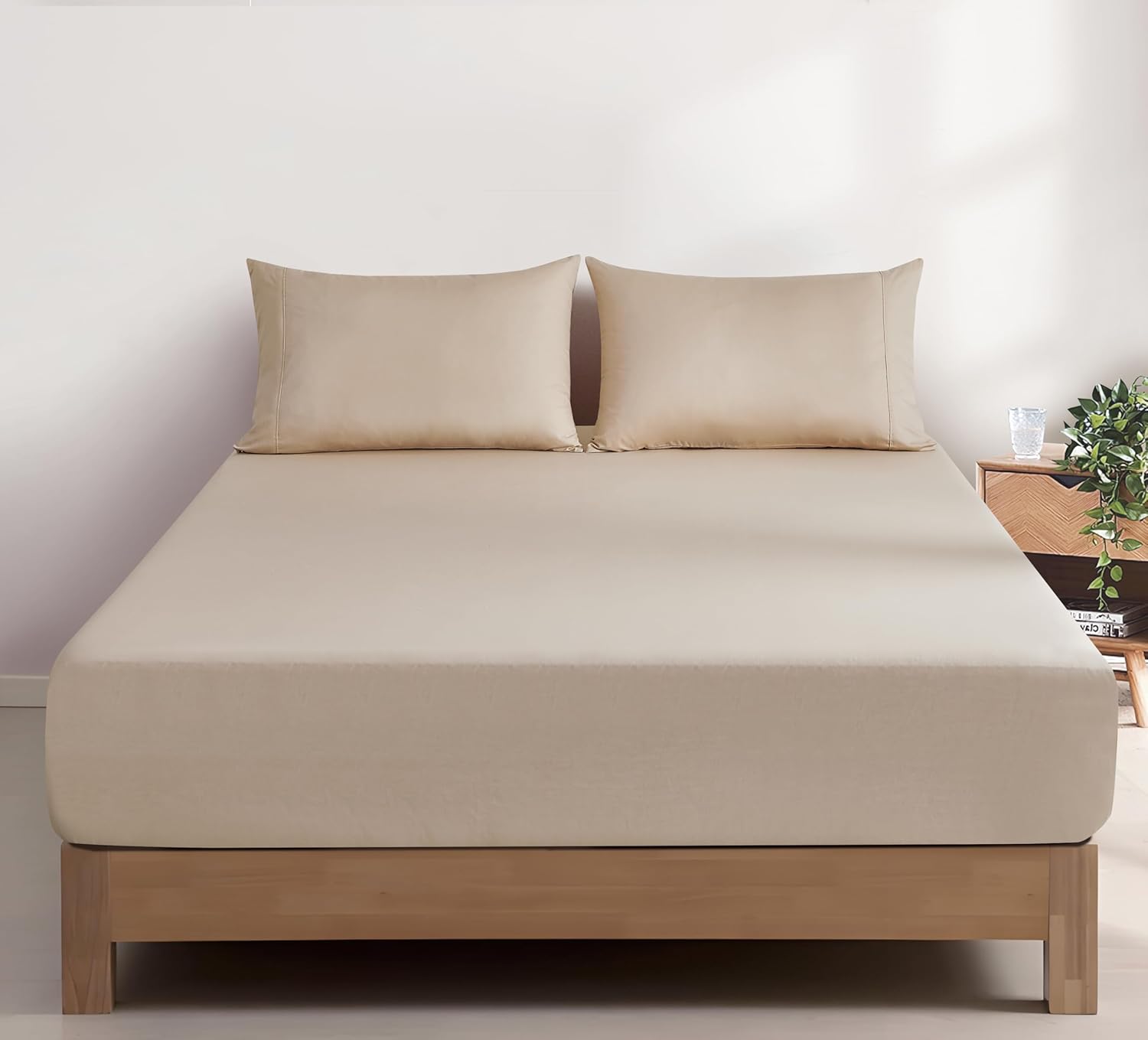 100% Vintage Washed Cotton Fitted Sheet Combo Set – 100% Natural Cotton, Ultra Soft & Breathable – Includes Fitted Sheet & Pillowcases – Machine Washable Natural, Queen