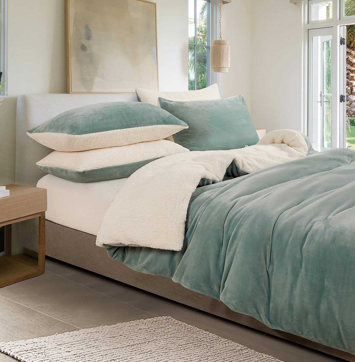 2-in-1 Teddy Sherpa Quilt Cover Set Queen Size - Sage Green