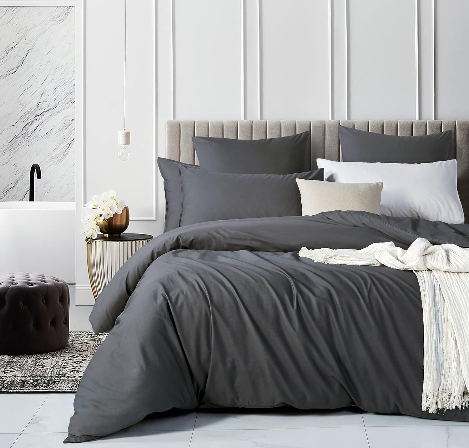 100% Cotton Vintage Washed Bed Quilt Cover Set - Charcoal - Queen Size