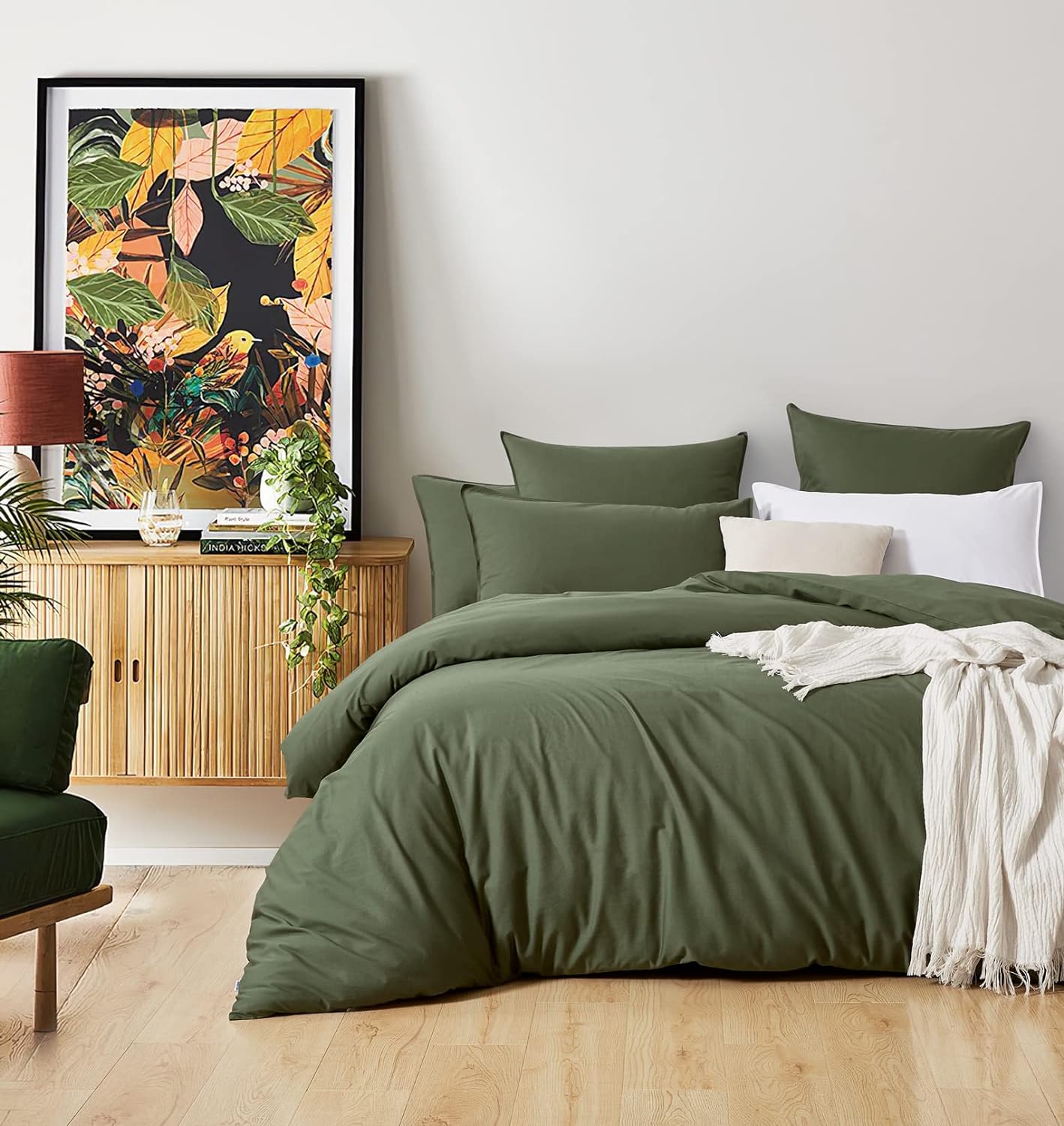 100% Cotton Vintage Washed Bed Quilt Cover Set - Khaki Green - Queen Size