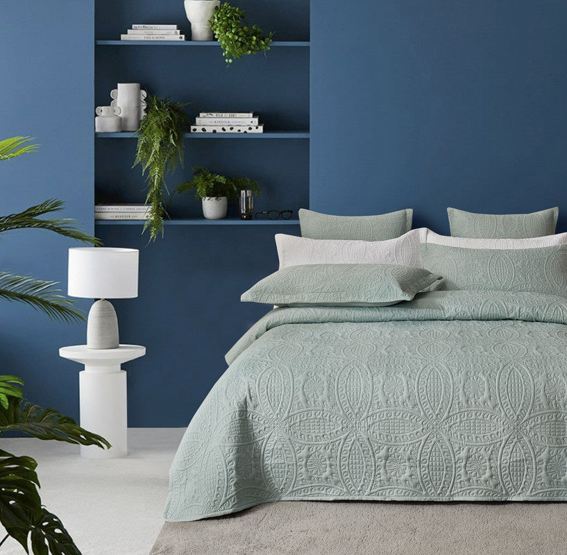 Lisbon Quilted 3-Piece Embossed Coverlet Set Sage Green, Queen/King