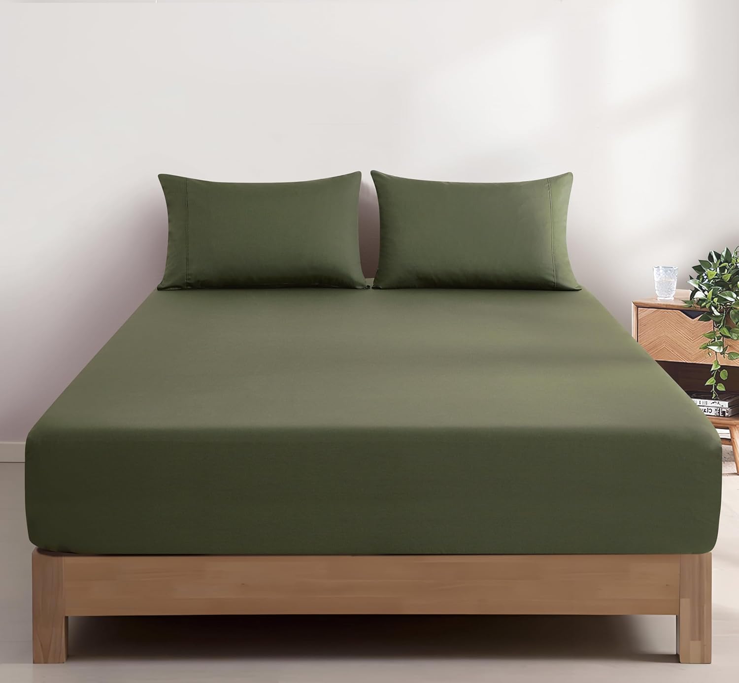 100% Vintage Washed Cotton Fitted Sheet Combo Set – 100% Natural Cotton, Ultra Soft & Breathable – Includes Fitted Sheet & Pillowcases – Machine Washable Khaki Green, King
