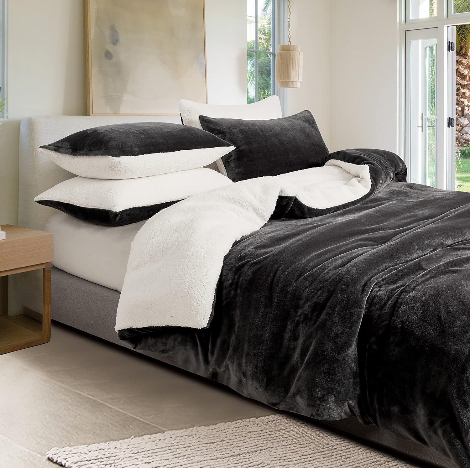 2-in-1 Teddy Sherpa Quilt Cover Set King Size - Charcoal
