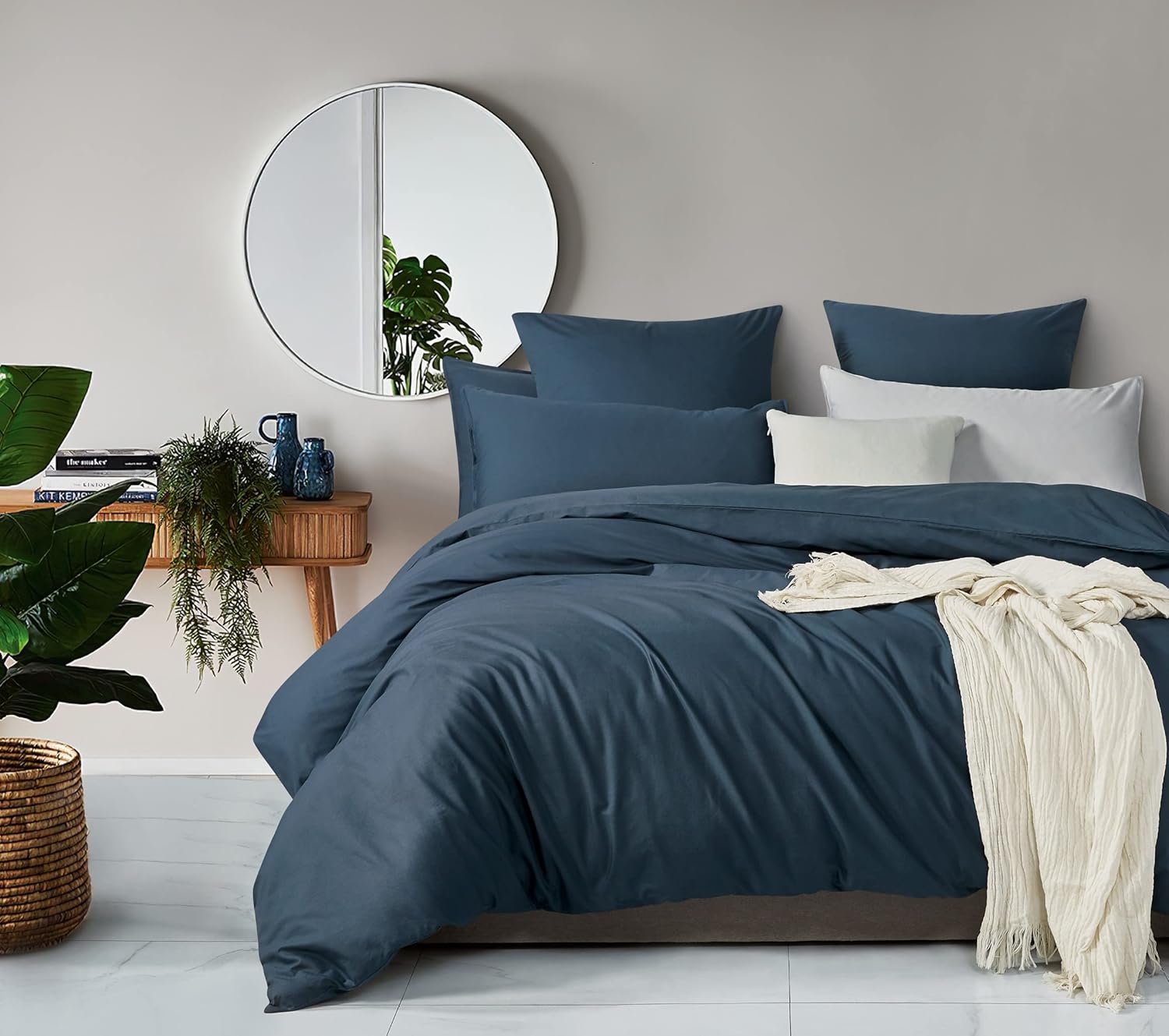 100% Cotton Vintage Washed Bed Quilt Cover Set - Dark Indigo - Super King Size