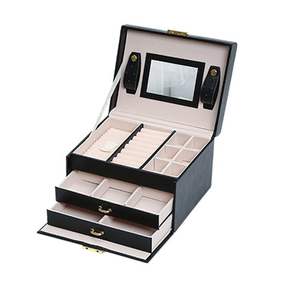 Jewellery Box With Mirror Double Drawers Organizer Storage Lock Case Black