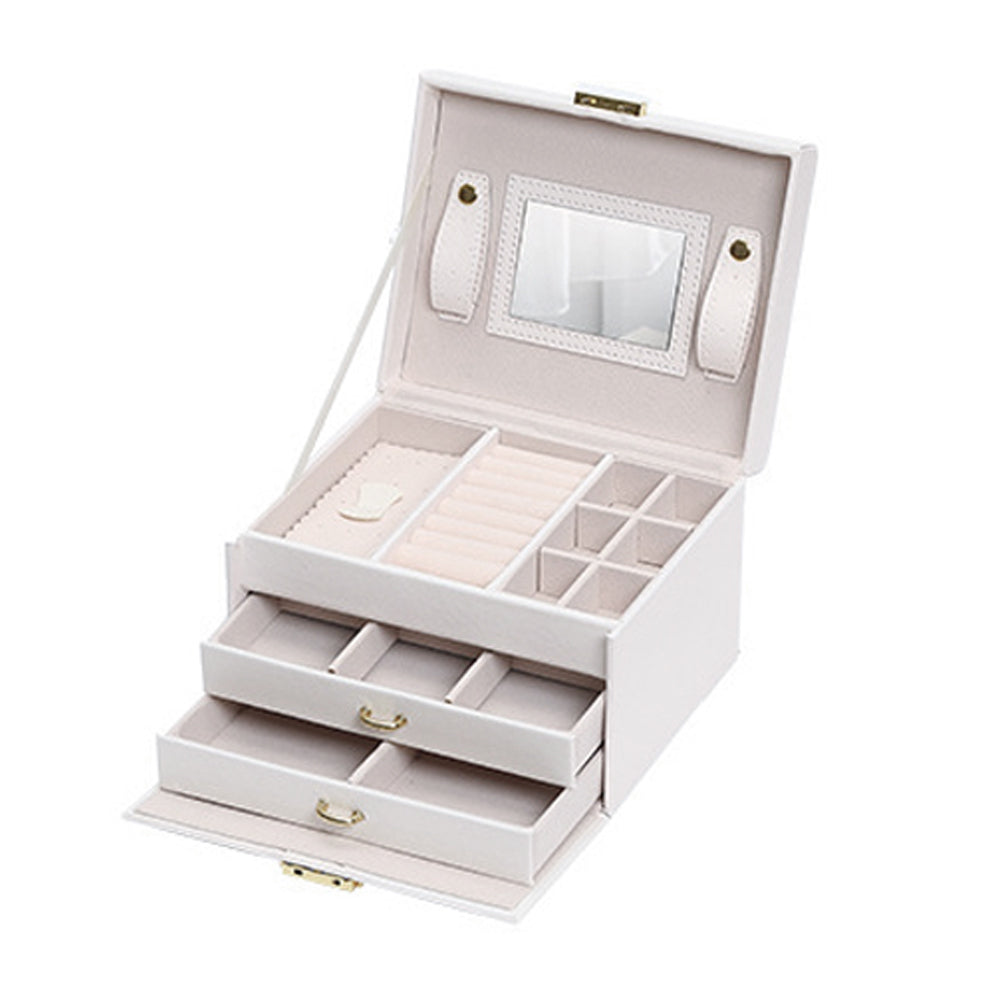 Jewellery Box With Mirror Double Drawers Organizer Storage Lock Case White