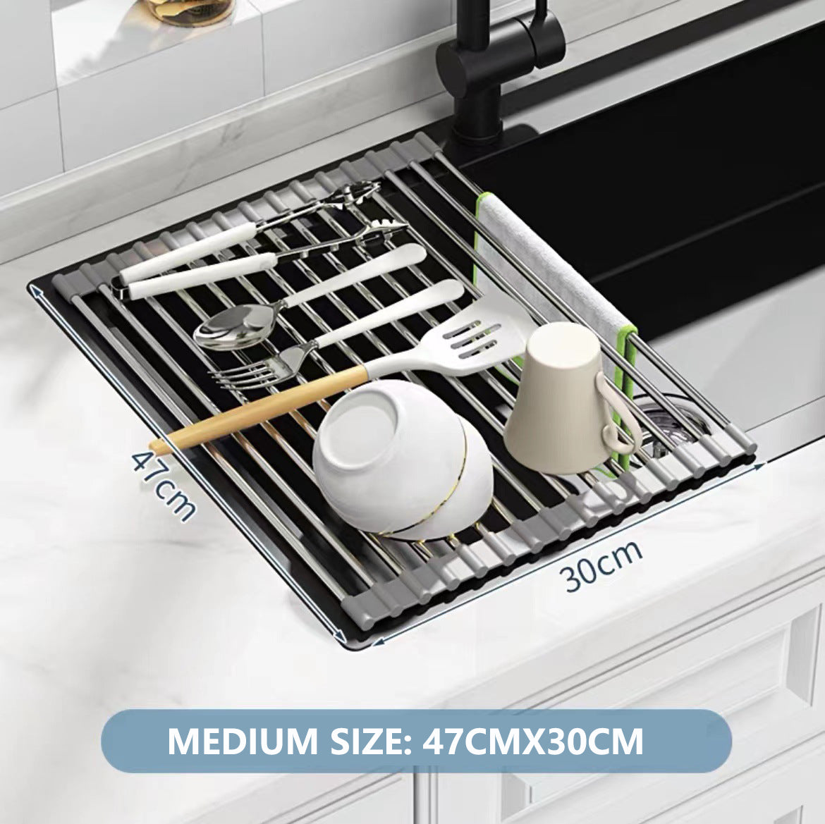 Kitchen Roll-Up Dish Drying Rack Foldable Drainer Over Sink 304-Stainless Steel Medium:47*30cm