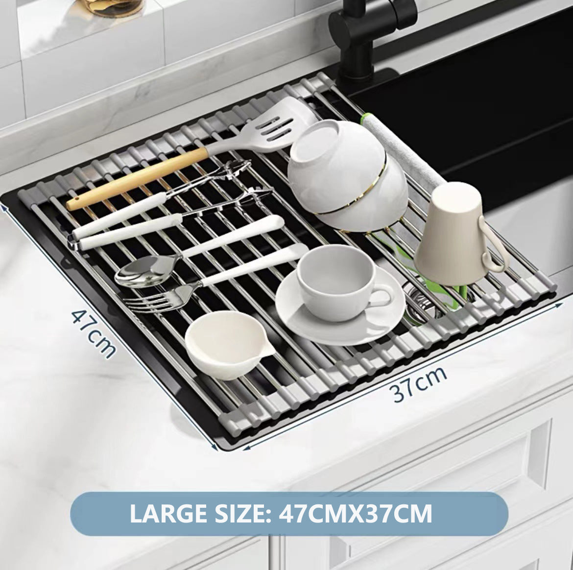 Kitchen Roll-Up Dish Drying Rack Foldable Drainer Over Sink 304-Stainless Steel Large:47*37cm