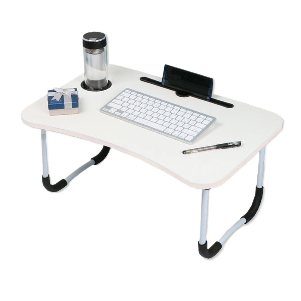 Foldable Desk Laptop Stand Table Bed Computer Study Adjustable Portable Cup Slot White