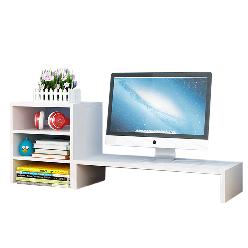 Wooden Desk Monitor Riser Stand With 3Tier Storage Shelves Desktop Bookshelf White Wood Style 01