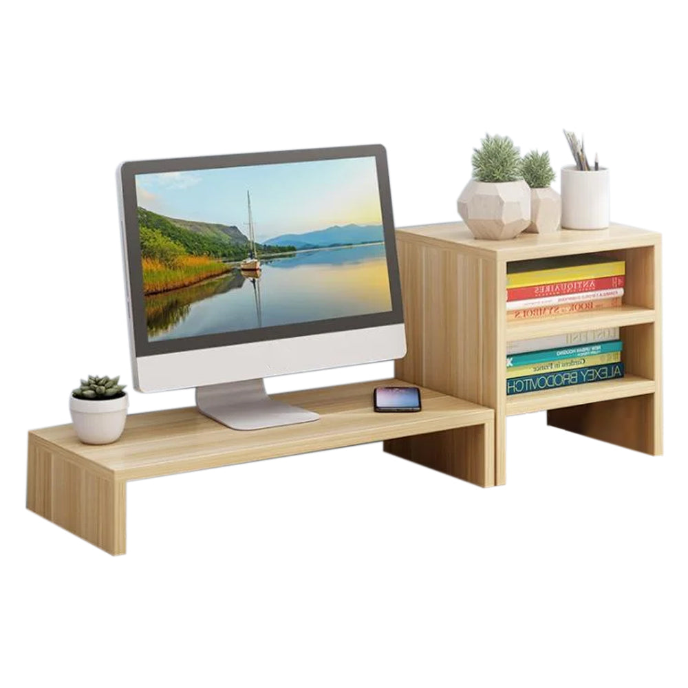 Wooden Desk Monitor Riser Stand With 3Tier Storage Shelves Desktop Bookshelf Walnut Wood Style 01