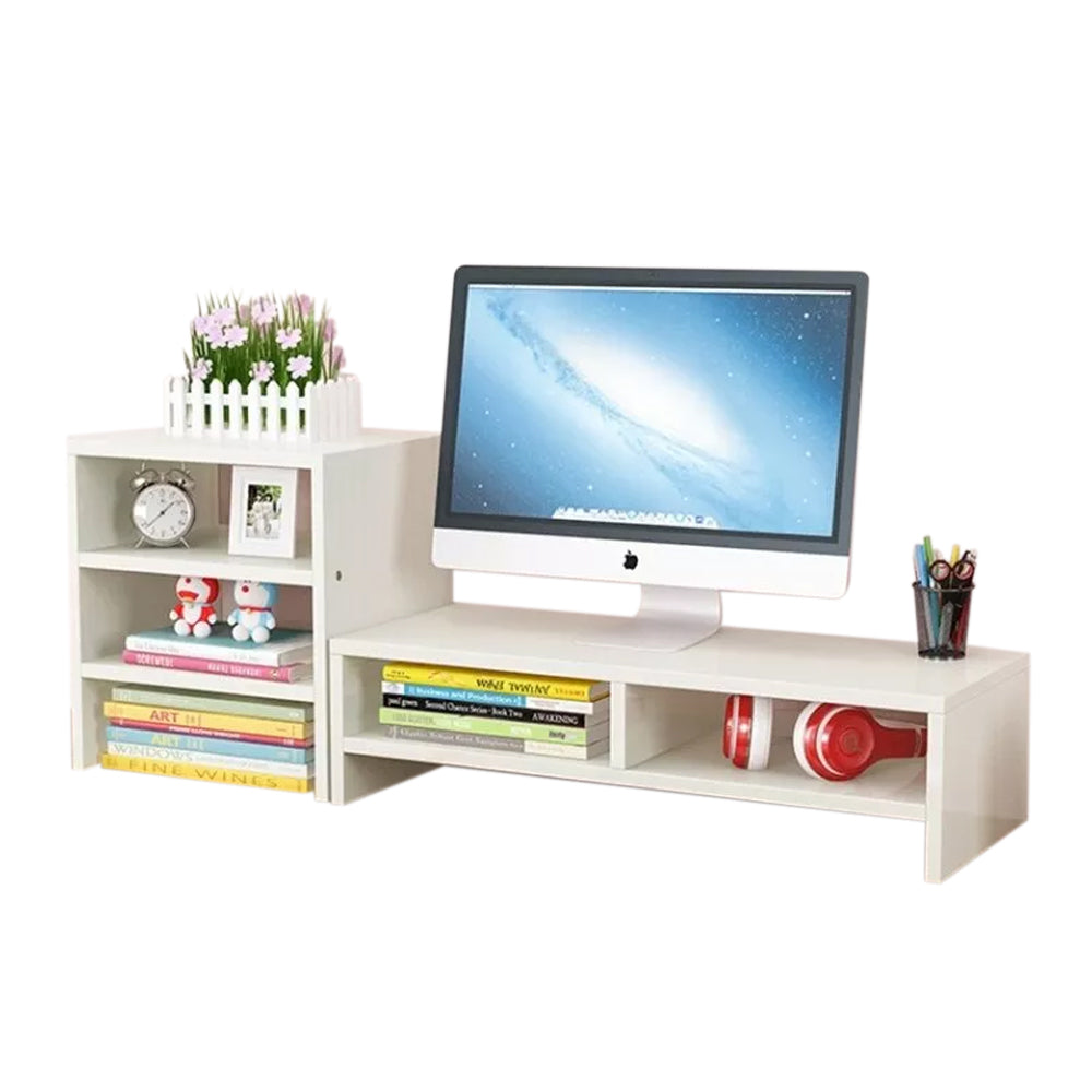Wooden Desk Monitor Riser Stand With 3Tier Storage Shelves Desktop Bookshelf White Wood Style 02