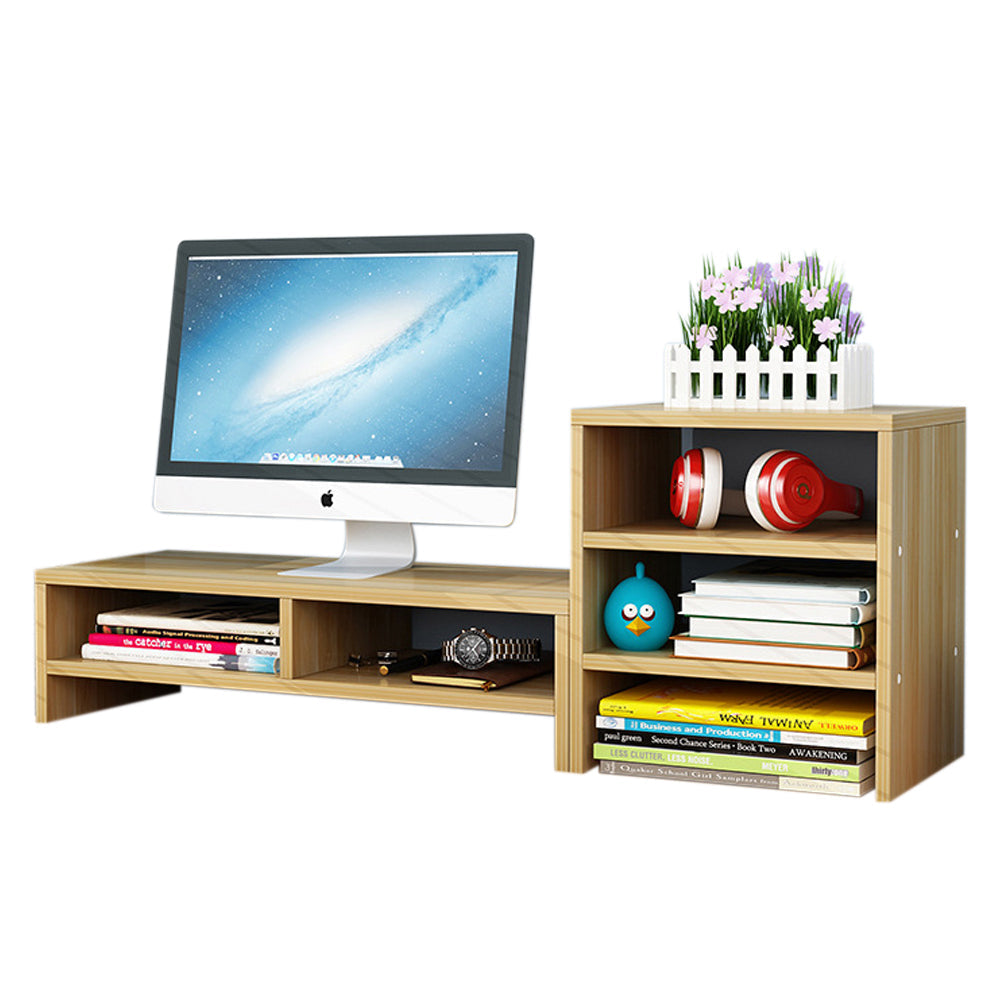 Wooden Desk Monitor Riser Stand With 3Tier Storage Shelves Desktop Bookshelf Walnut Wood Style 02