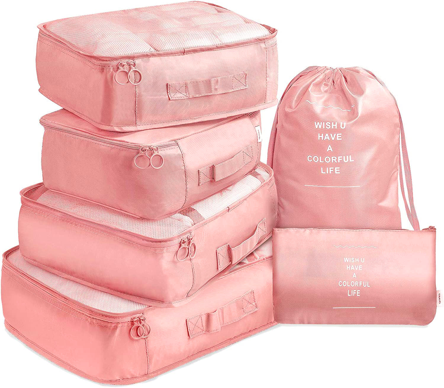 6 Pcs Waterproof Compression Packing Cubes Large Travel Luggage Organizer Storage Pink