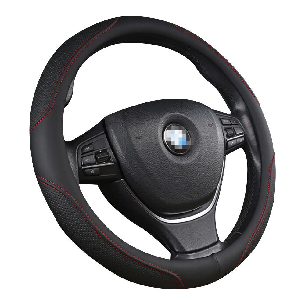 Universal Luxury Car 37-38cm Steering Wheel Cover PU Leather Non-slip Breathable Black-red