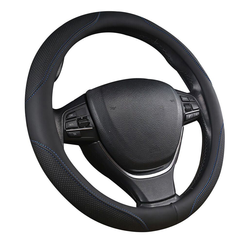 Universal Luxury Car 37-38cm Steering Wheel Cover PU Leather Non-slip Breathable Black-blue