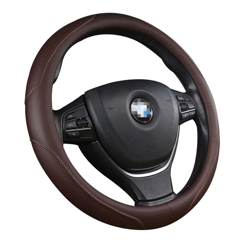 Universal Luxury Car 37-38cm Steering Wheel Cover PU Leather Non-slip Breathable Brown