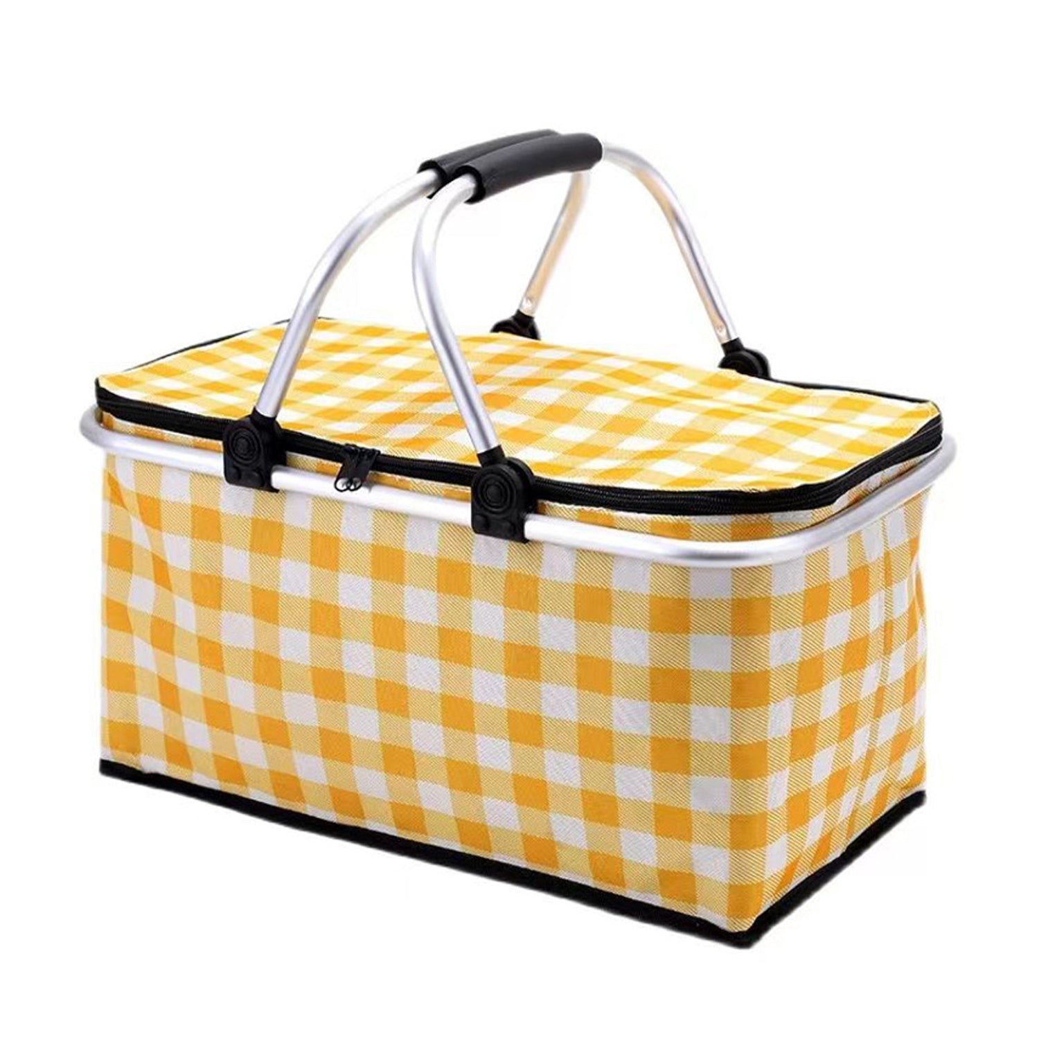 Collapsible Outdoor Camping Portable Insulated Picnic Basket Camping Picnic Ice Pack Yellow Grid