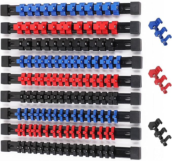 SWANLAKE Organizer Socket Holder, 9PCS 1/4-Inch x 48 Clips, 3/8-Inch x 45 Clips, 1/2-Inch x 36 Clips, Premium Quality Socket Clip Rail Holder 9PC
