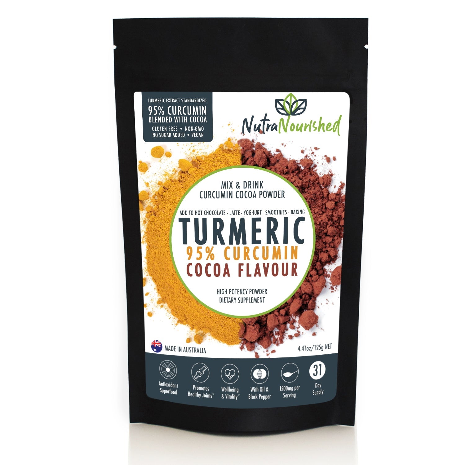 95% Organic Curcumin Extract Cocoa Flavour - Turmeric Powder With Black Pepper - Organic and with Black Pepper, 125g