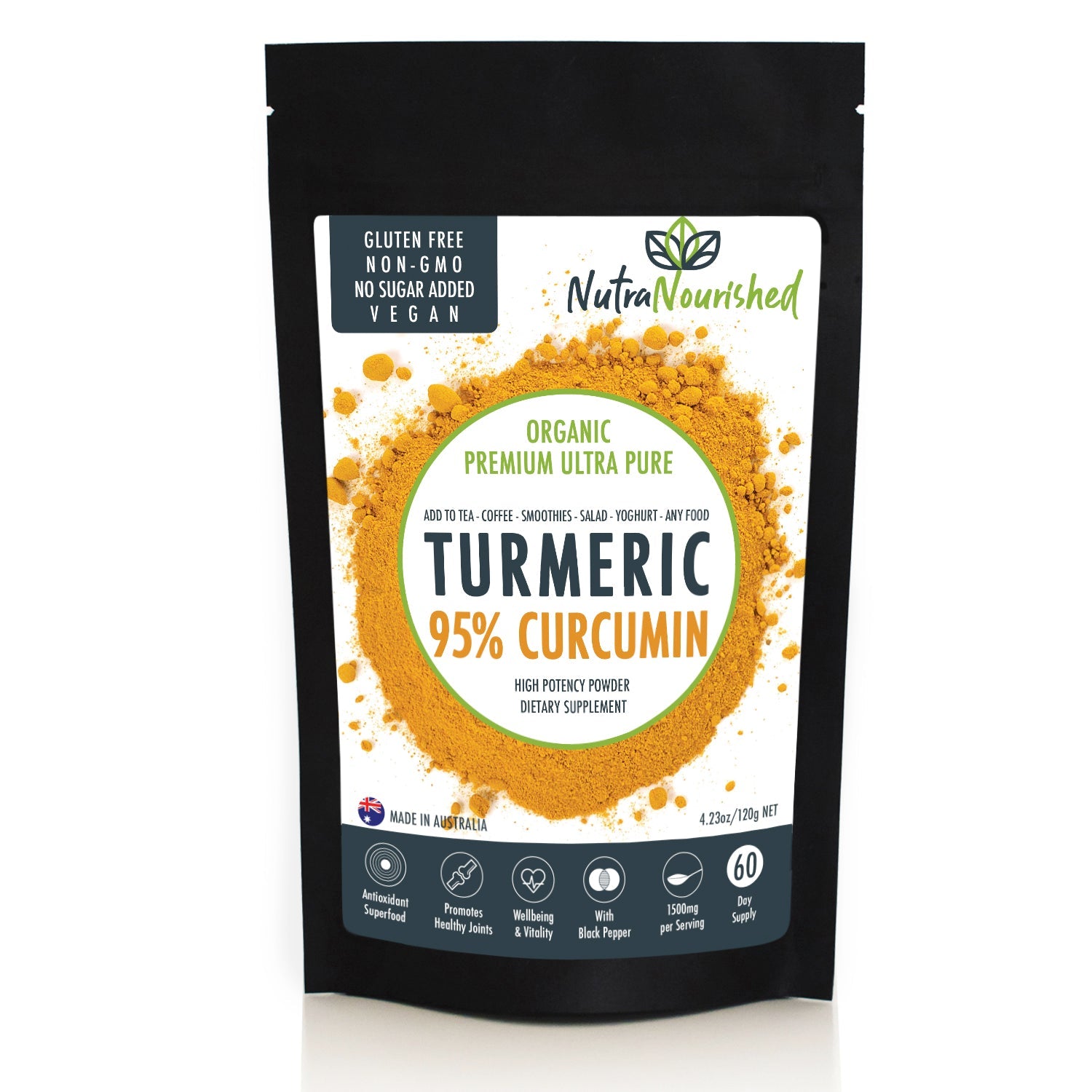 Pure Organic 95% Curcumin Powder 120g/2 months supply - 1500mg of Turmeric Extract Buffered with Black Pepper