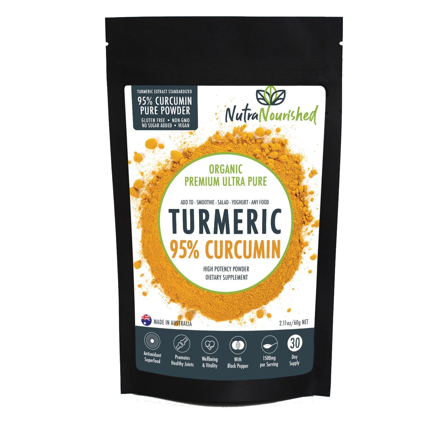 Pure Organic 95% Curcumin Powder 60g/1 month supply - 1500mg of Turmeric Extract Buffered with Black Pepper