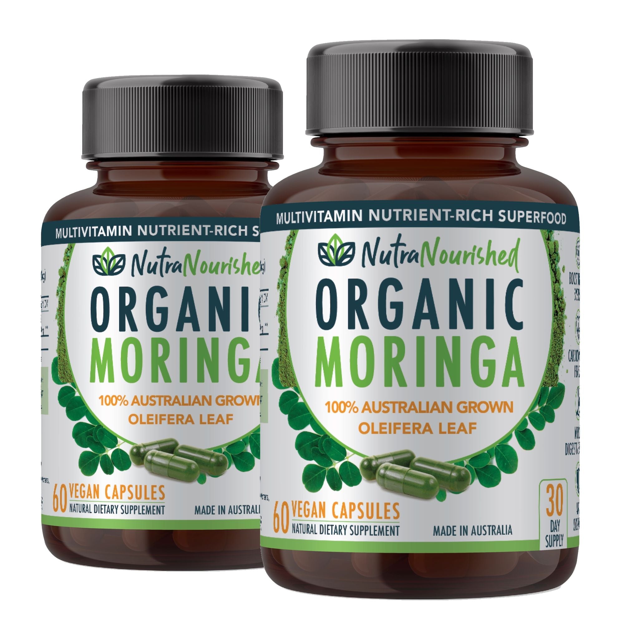 VALUE BUNDLE: Organic Pure Moringa Leaf Capsules - Australian Grown - 2 x 60 Vegan Capsules 2 Months Supply