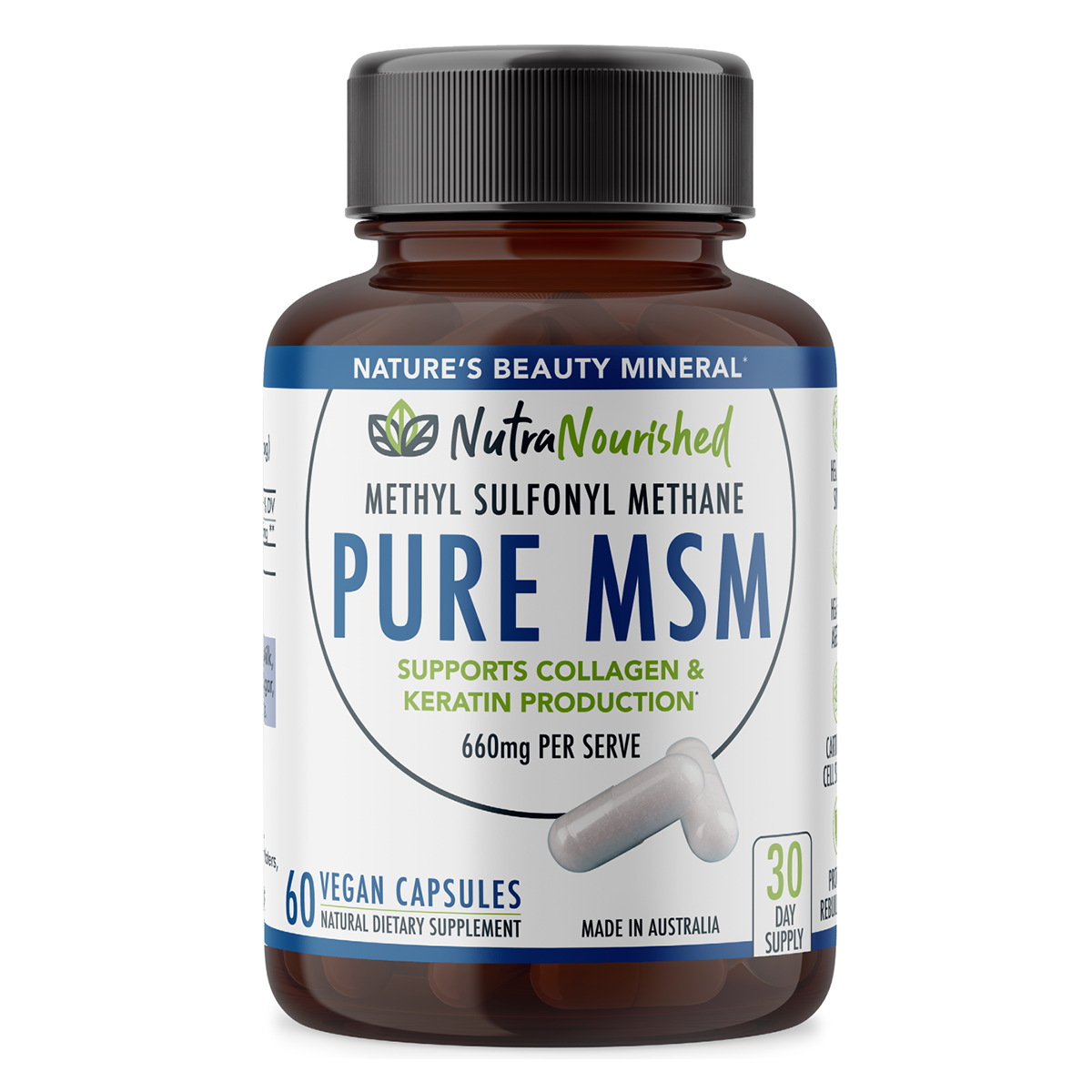 Pure MSM Capsules - Methyl Sulfonyl Methane - 660mg , 60 Vegan Capsules/1 Month
