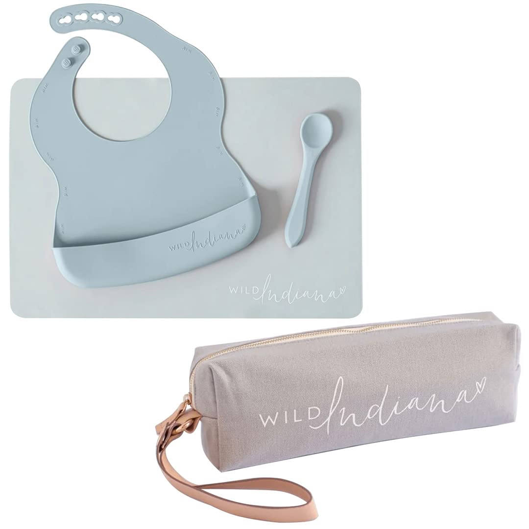 LIFEBEA WILD INDIANA Eating-out Comfy Silicone Baby Bib set for babies & Toddlers 10-72 Months Waterproof baby fedding including Waterproof carry case Duck Egg Blue