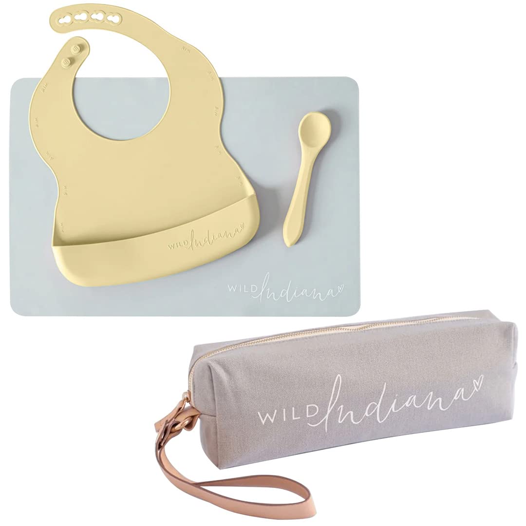 LIFEBEA WILD INDIANA Eating-out Comfy Silicone Baby Bib set for babies & Toddlers 10-72 Months Waterproof baby fedding including Waterproof carry case Lemon