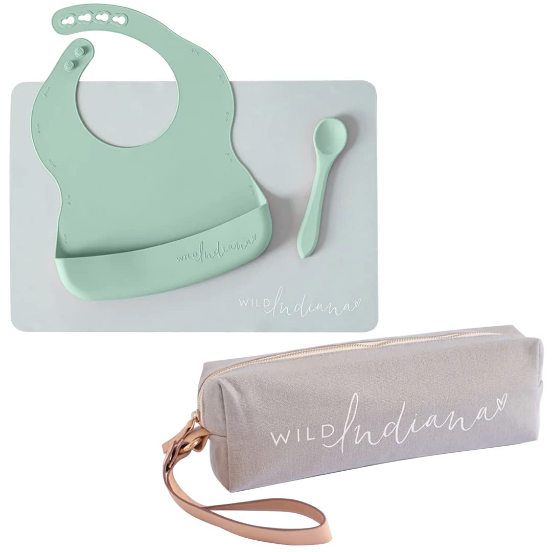 LIFEBEA WILD INDIANA Eating-out Comfy Silicone Baby Bib set for babies & Toddlers 10-72 Months Waterproof baby fedding including Waterproof carry case Sage