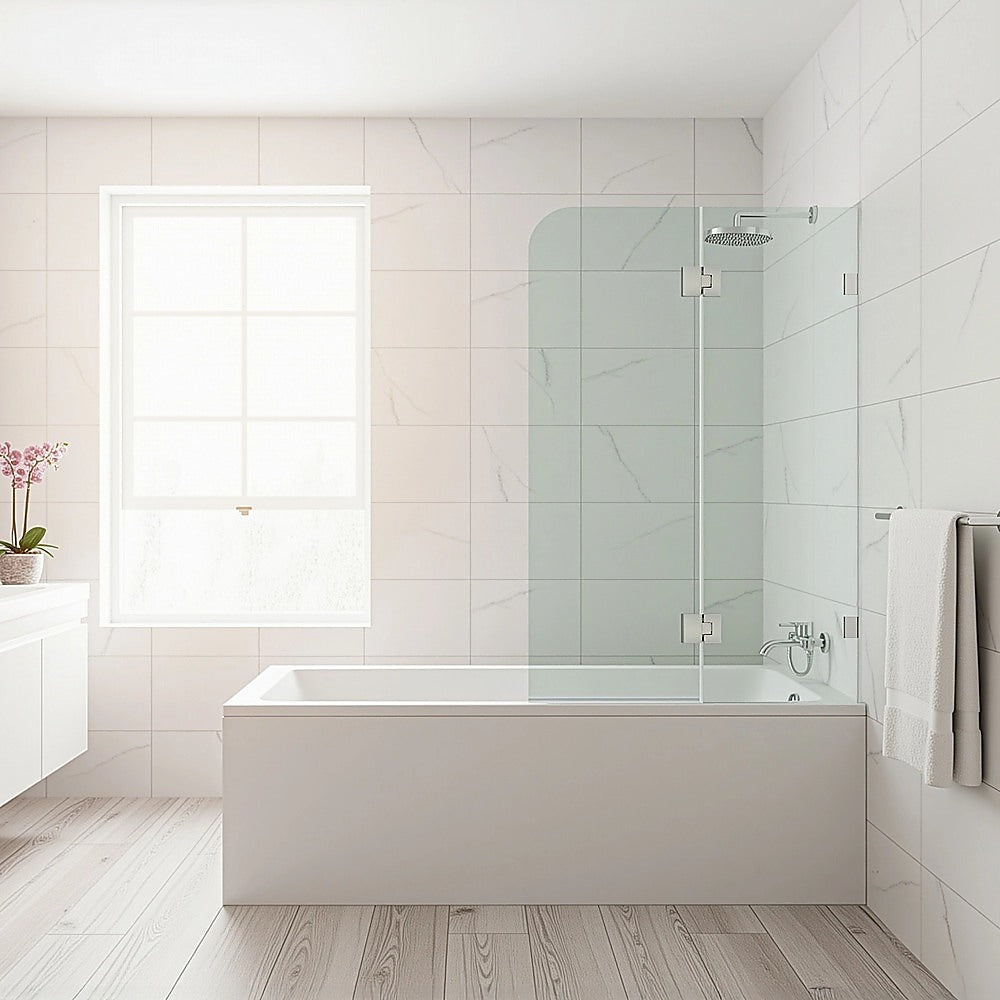 100cm Frameless Glass Bath Screen – Brass Wall F-Brackets in Nickel for Stylish Bathroom Upgrade