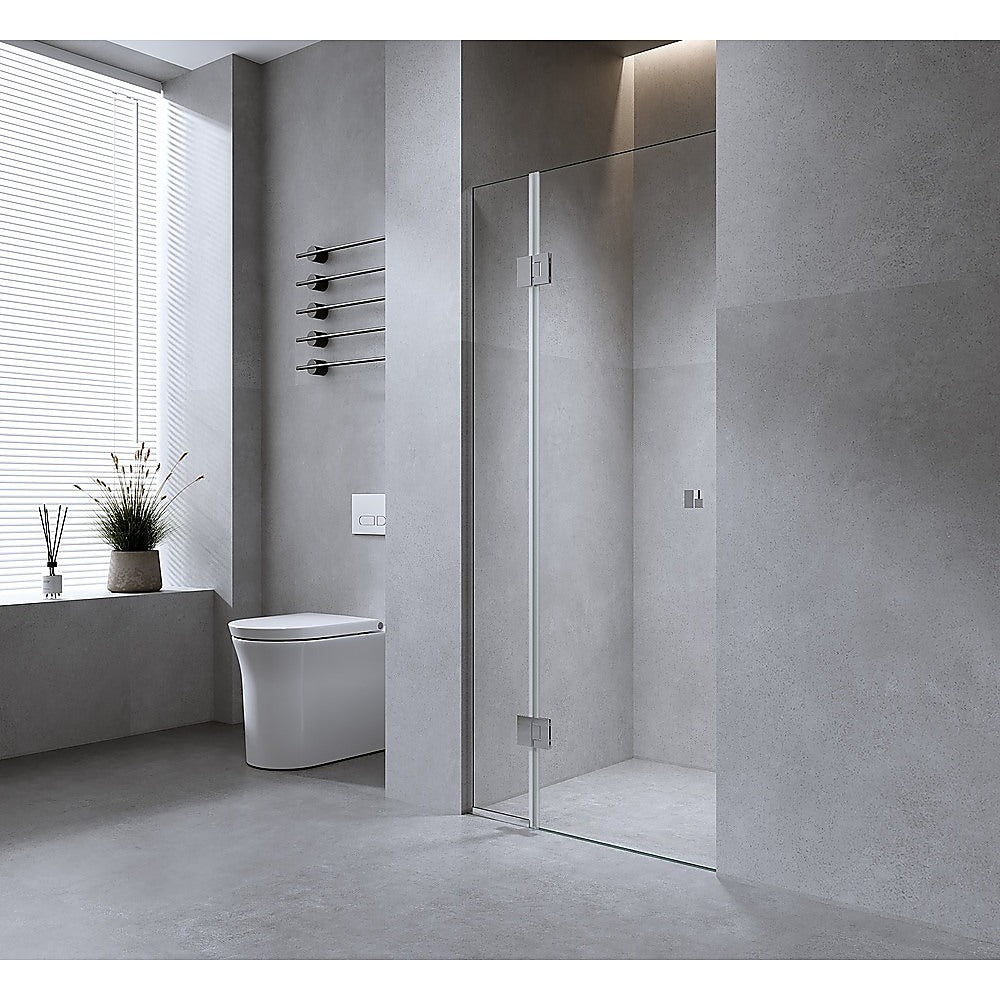 110cm Wall to Wall Frameless Shower Screen with Chrome Channel and Brass Hinges , Square Double Pull Handle