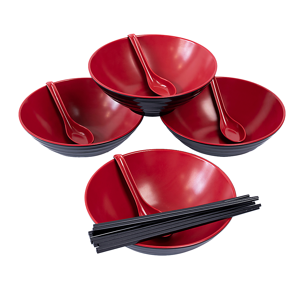 12 Piece Ramen Noodle Bowl with Spoon and Chopsticks Black Red