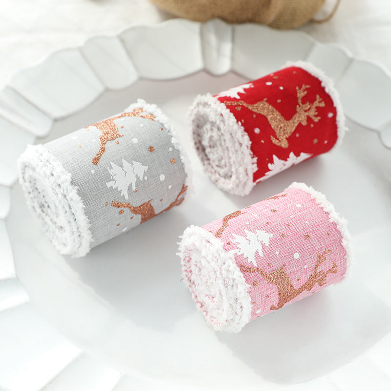 Christmas-Themed Decorative Wired Ribbon Burlap– Reindeer and Tree Print Rolled Fabric Set ,Diameter 6.8 cm, length 2 cm two set, 6 pieces in total