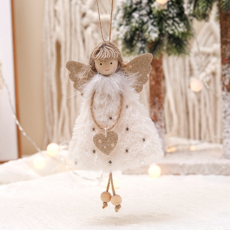 Fluffy Angel Hanging Ornament with Heart and Glitter Wings - Christmas Tree Decoration 16*10 cm White 6 pieces