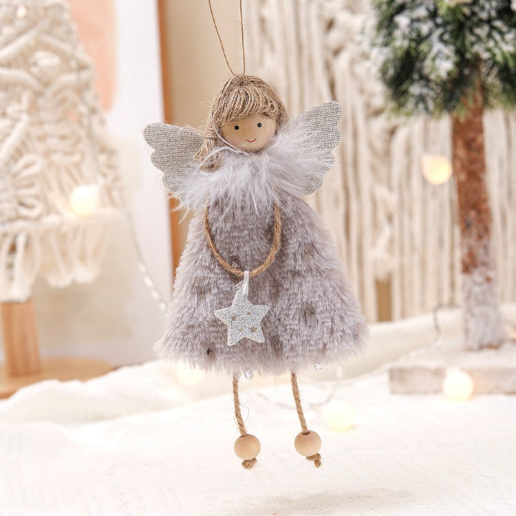 Fluffy Angel Hanging Ornament with Heart and Glitter Wings - Christmas Tree Decoration 16*10 cm Grey 6 pieces