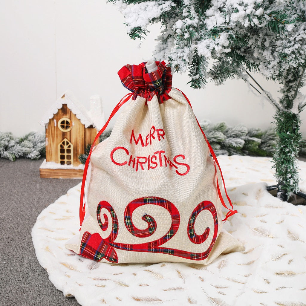 Large Merry Christmas Drawstring Gift Bag with Plaid Accents - Perfect for Holiday Presents 3 pieces