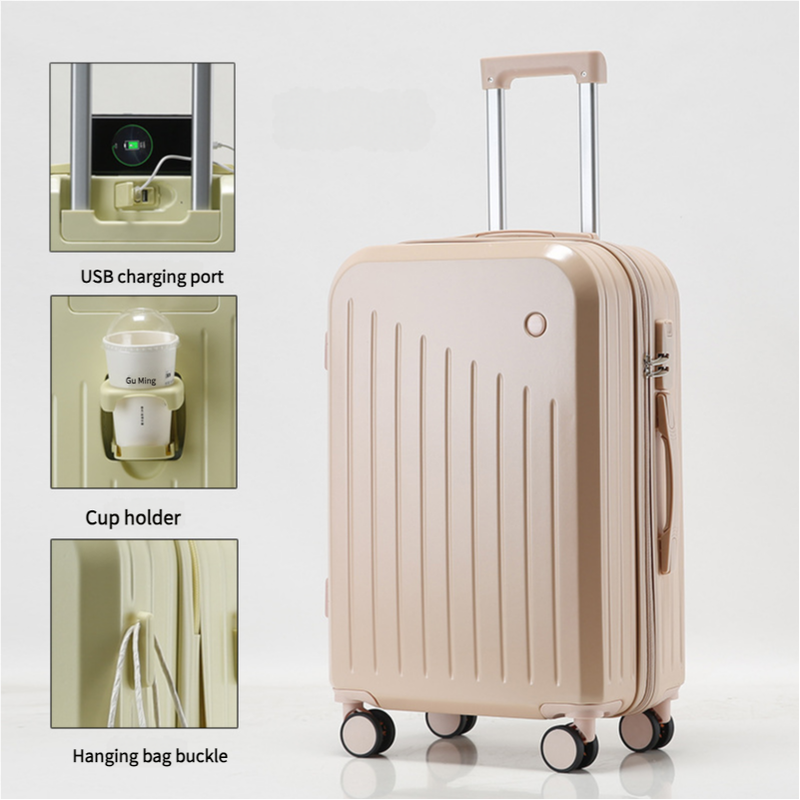 Smart Carry-On Luggage with Cup Holder & USB Charging Port - Pink Color Spinner Suitcase for Travel Convenience 24 inch