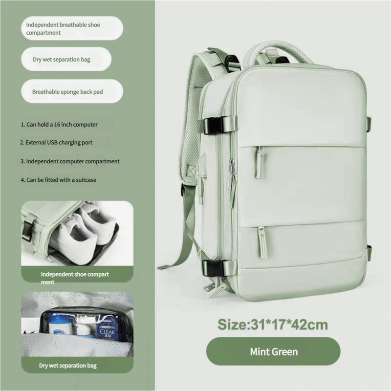 Multi-Compartment Travel Backpack with Shoe Storage and Wet-Dry Separation Mint Green 31cm L *17cm W *42cm H