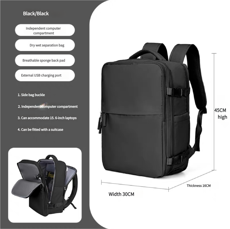 Water-Resistant Laptop Backpack with USB Charging Port and Wet-Dry Separation Black
