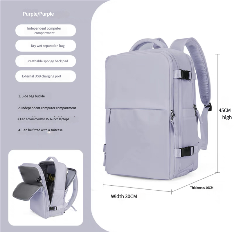 Water-Resistant Laptop Backpack with USB Charging Port and Wet-Dry Separation Purple